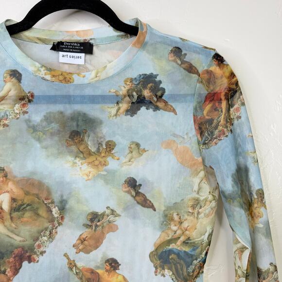 Bershka Art Collection Blue Angelcore Renaissance Sheer Mesh Long Sleeve Top - Picture 3 of 6